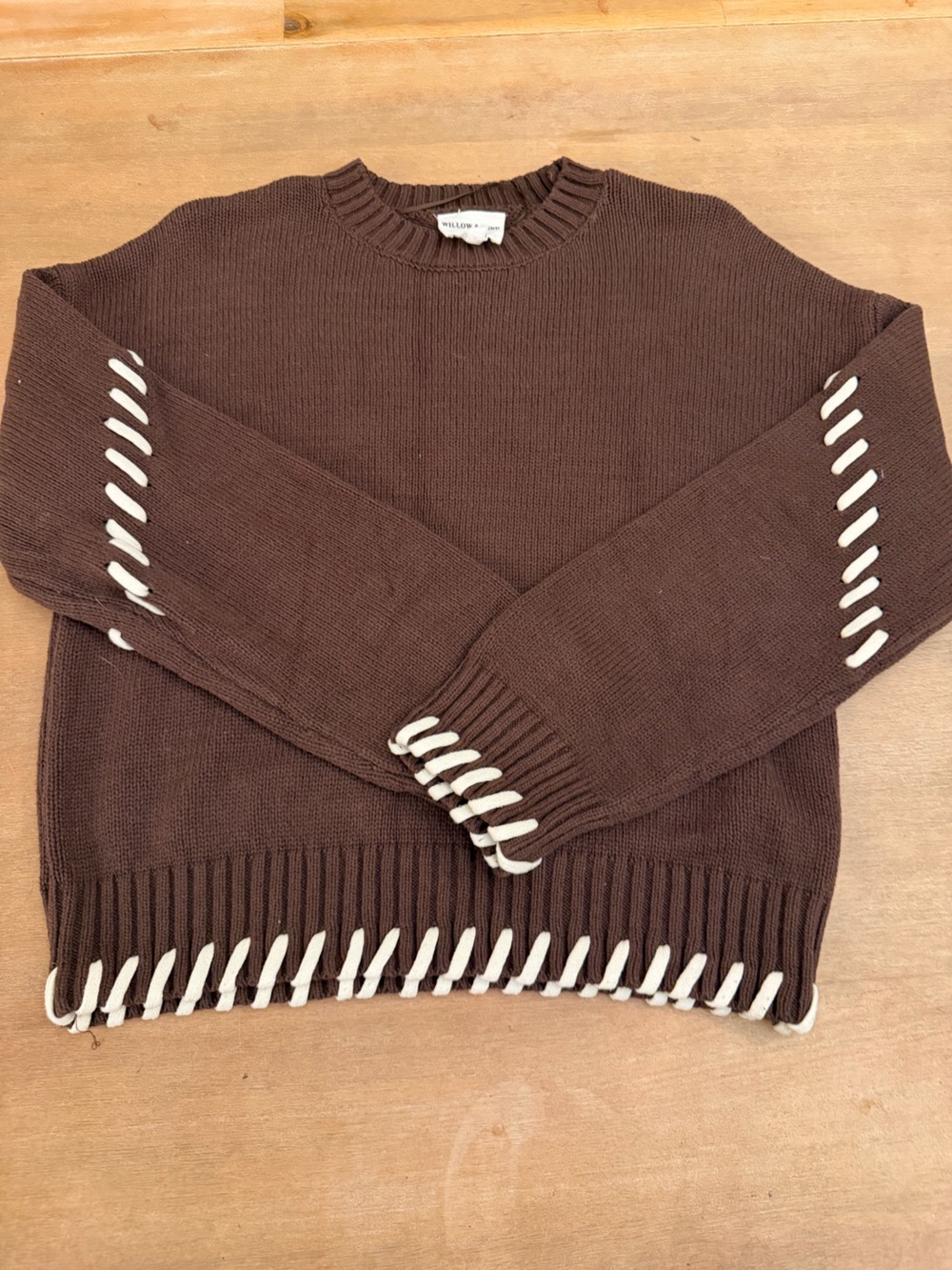 Women's Brown Crew Sweater with White Contrast Stitching